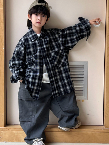 Cămașă pentru copii în carouri, etichetă brodată la guler, din bumbac, mâneci lungi, unisex, stil coreean, toamnă 2025