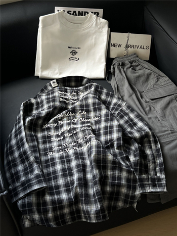 Cămașă pentru copii în carouri, etichetă brodată la guler, din bumbac, mâneci lungi, unisex, stil coreean, toamnă 2025