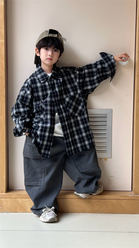 Cămașă pentru copii în carouri, etichetă brodată la guler, din bumbac, mâneci lungi, unisex, stil coreean, toamnă 2025