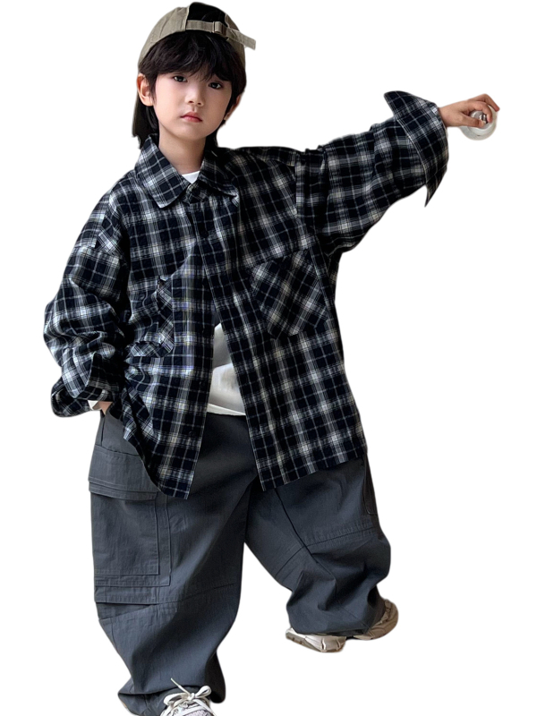 Cămașă pentru copii în carouri, etichetă brodată la guler, din bumbac, mâneci lungi, unisex, stil coreean, toamnă 2025