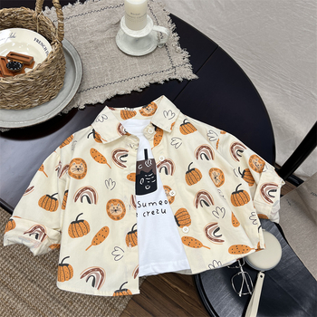 Cămașă pentru copii cu mânecă lungă, stil K-style, guler tip lapel, bumbac, imprimeu desen animat