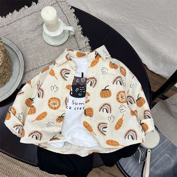 Cămașă pentru copii cu mânecă lungă, stil K-style, guler tip lapel, bumbac, imprimeu desen animat