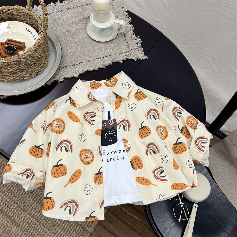 Cămașă pentru copii cu mânecă lungă, stil K-style, guler tip lapel, bumbac, imprimeu desen animat