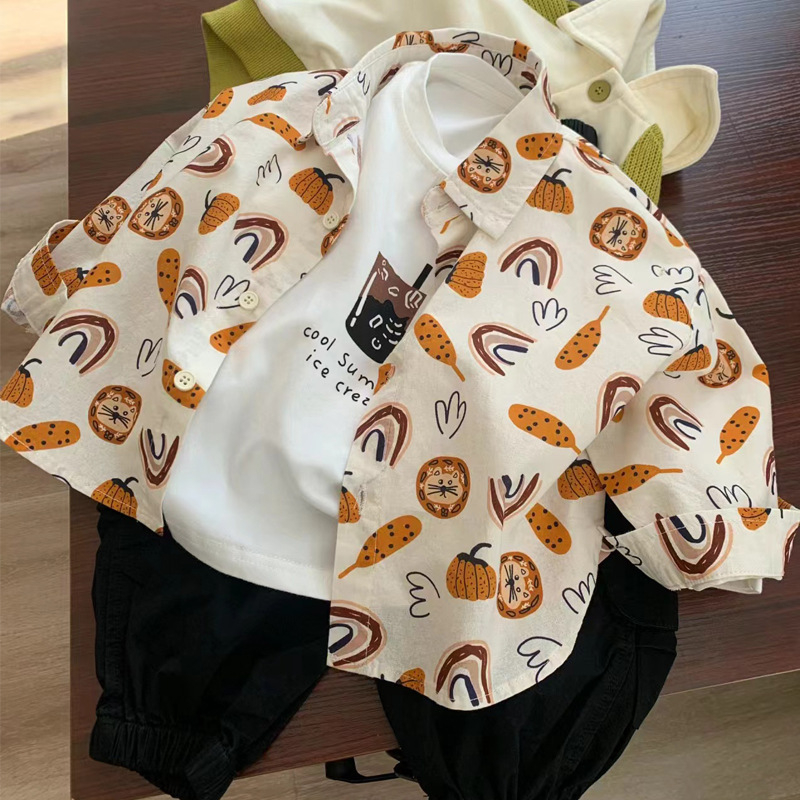 Cămașă pentru copii cu mânecă lungă, stil K-style, guler tip lapel, bumbac, imprimeu desen animat