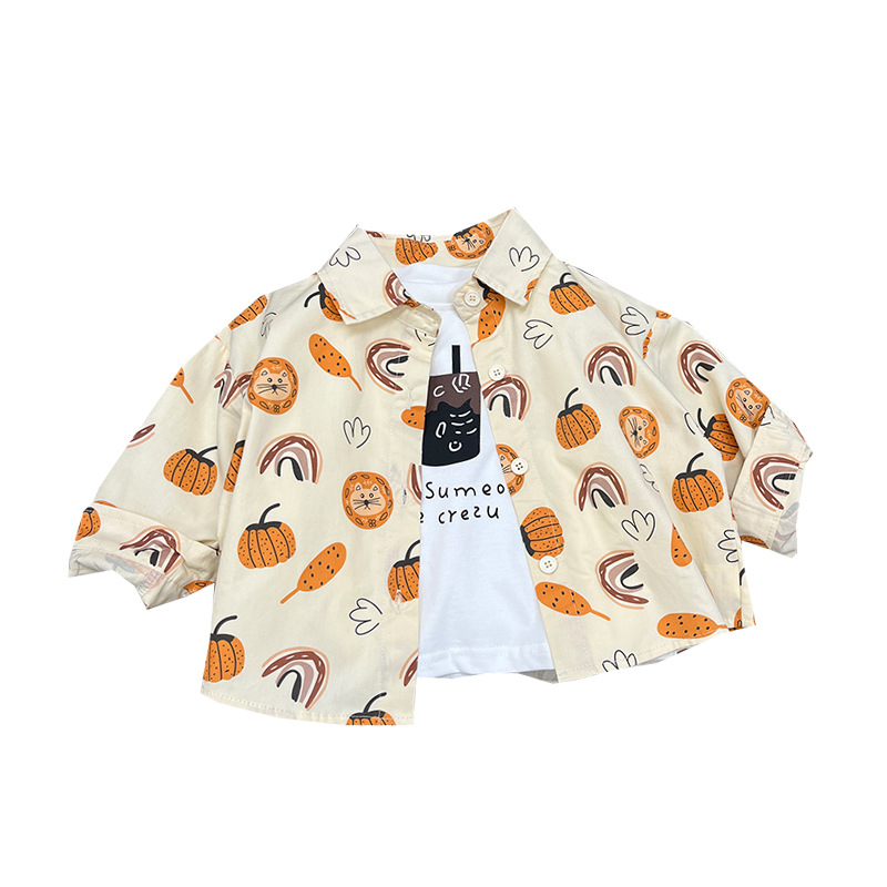 Cămașă pentru copii cu mânecă lungă, stil K-style, guler tip lapel, bumbac, imprimeu desen animat
