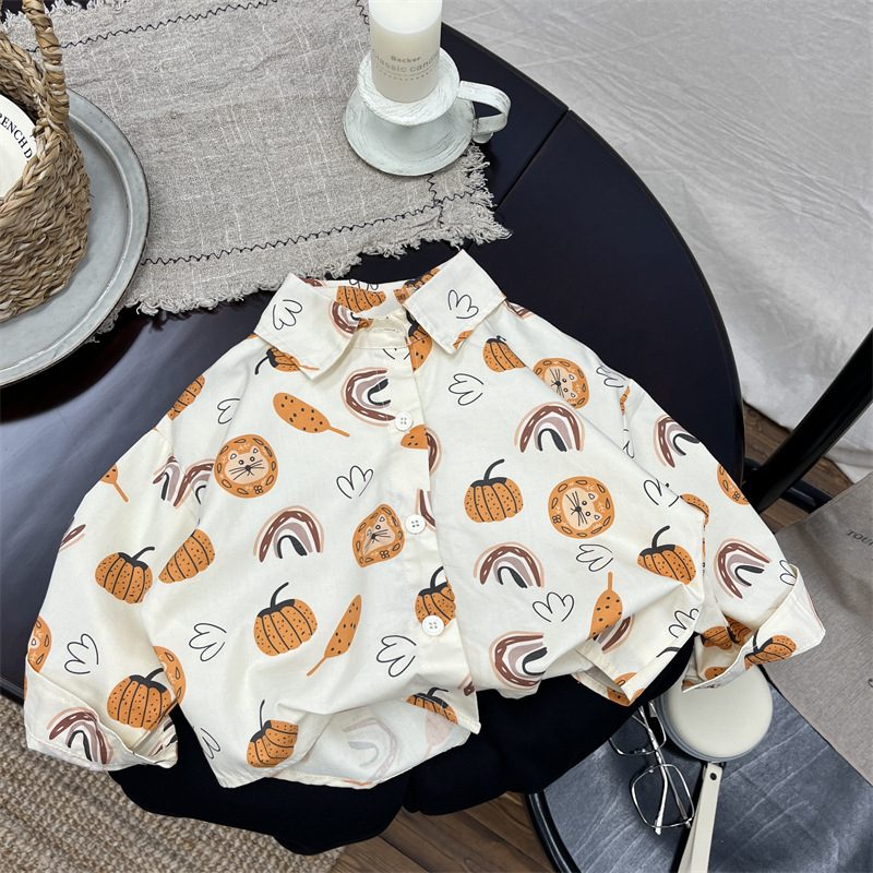 Cămașă pentru copii cu mânecă lungă, stil K-style, guler tip lapel, bumbac, imprimeu desen animat