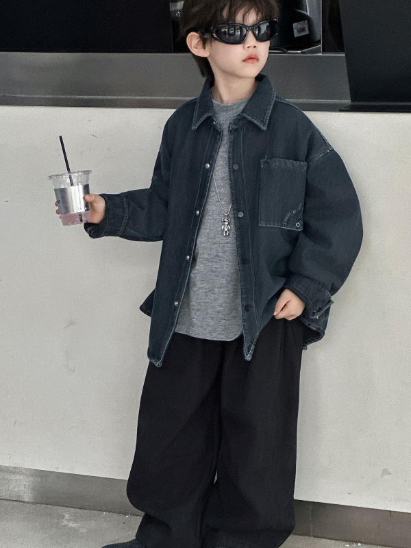 Момчешка дънкова риза с подплата от флис, яка лафел, дълги ръкави, 80% памук / 20% полиестер, меко третиране, есен 2025