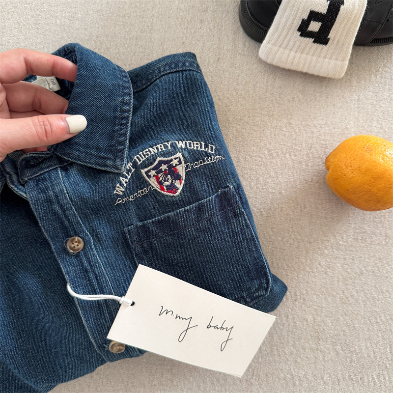 Детска деним риза, корейски стил, дълъг ръкав, Turn-down collar, есен