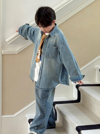 Cămașă pentru copii - stil coreean denim, guler întors, mânecă lungă, bumbac 85%, toamnă 2025