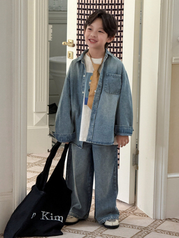 Cămașă pentru copii - stil coreean denim, guler întors, mânecă lungă, bumbac 85%, toamnă 2025