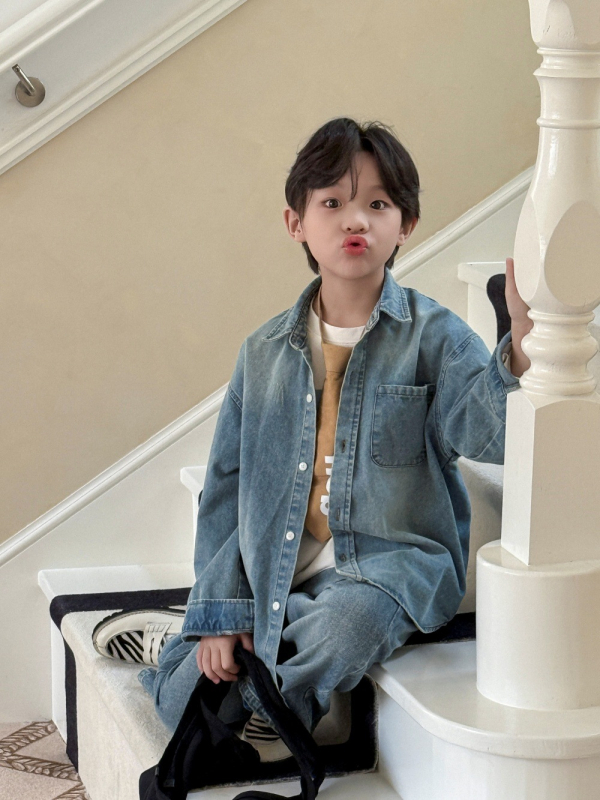 Cămașă pentru copii - stil coreean denim, guler întors, mânecă lungă, bumbac 85%, toamnă 2025
