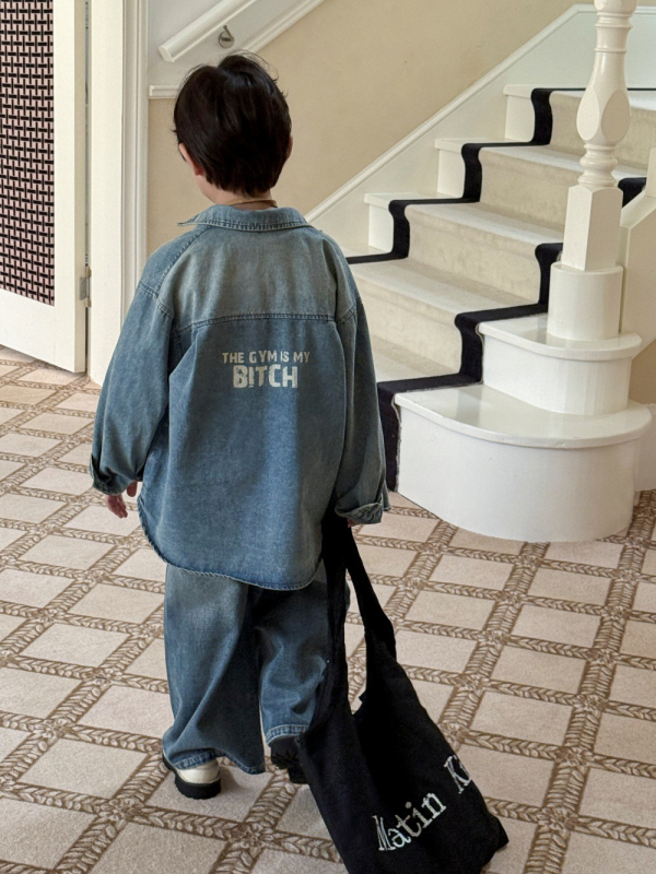 Cămașă pentru copii - stil coreean denim, guler întors, mânecă lungă, bumbac 85%, toamnă 2025