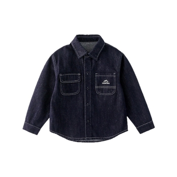 Vaikų džinsinė striukė iš medvilnės mišinio – unisex, vienos eilės mygtukų užsegimas, raidžių raštas, švelnus paviršius, pavasaris-ruduo, 3–8 m.