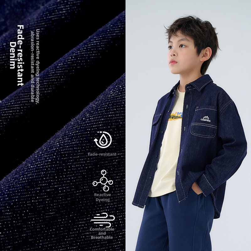 Vaikų džinsinė striukė iš medvilnės mišinio – unisex, vienos eilės mygtukų užsegimas, raidžių raštas, švelnus paviršius, pavasaris-ruduo, 3–8 m.