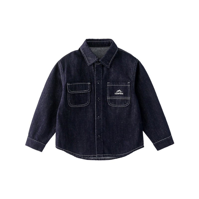 Vaikų džinsinė striukė iš medvilnės mišinio – unisex, vienos eilės mygtukų užsegimas, raidžių raštas, švelnus paviršius, pavasaris-ruduo, 3–8 m.