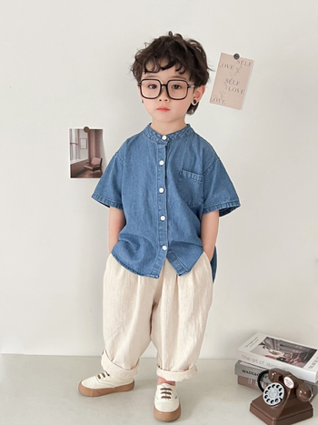 Dječja košulja, korejski stil, stojeći ovratnik, kratki rukavi, 95% pamuk, unisex, za djecu 3-8 godina