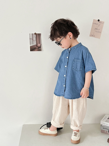 Dječja košulja, korejski stil, stojeći ovratnik, kratki rukavi, 95% pamuk, unisex, za djecu 3-8 godina