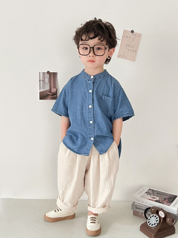 Dječja košulja, korejski stil, stojeći ovratnik, kratki rukavi, 95% pamuk, unisex, za djecu 3-8 godina
