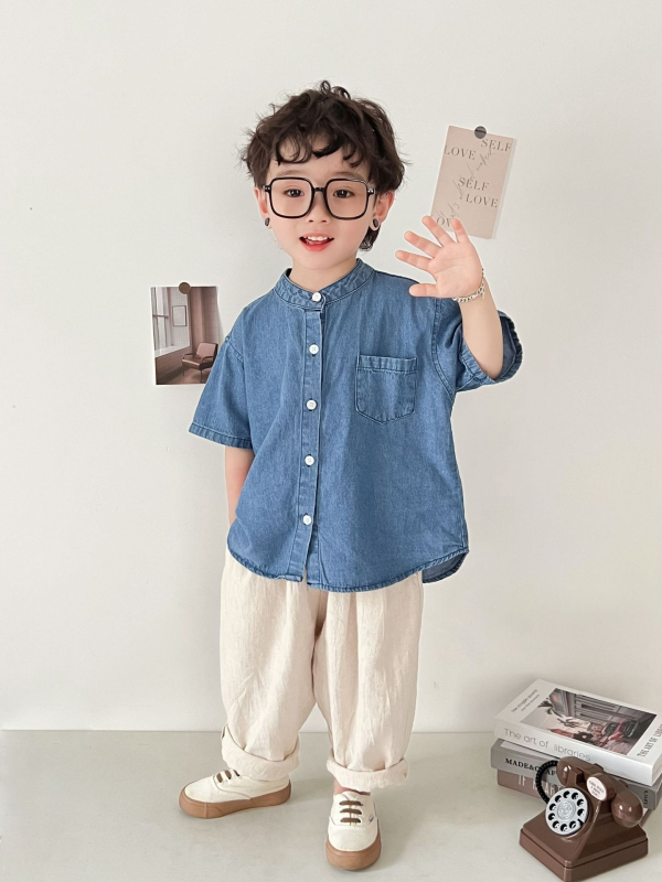 Dječja košulja, korejski stil, stojeći ovratnik, kratki rukavi, 95% pamuk, unisex, za djecu 3-8 godina
