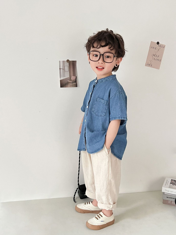 Dječja košulja, korejski stil, stojeći ovratnik, kratki rukavi, 95% pamuk, unisex, za djecu 3-8 godina