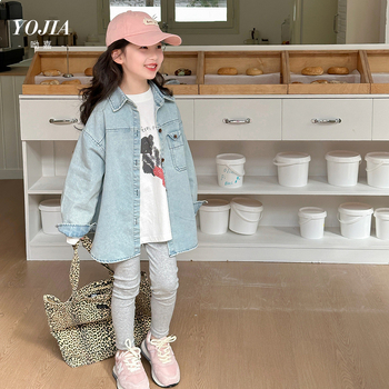 Dječja denim košulja za djevojčice, korejskog stila, dugi rukavi, okrugli izrez, mekani materijal od pamukasto-poliester smjese, proljeće 2025