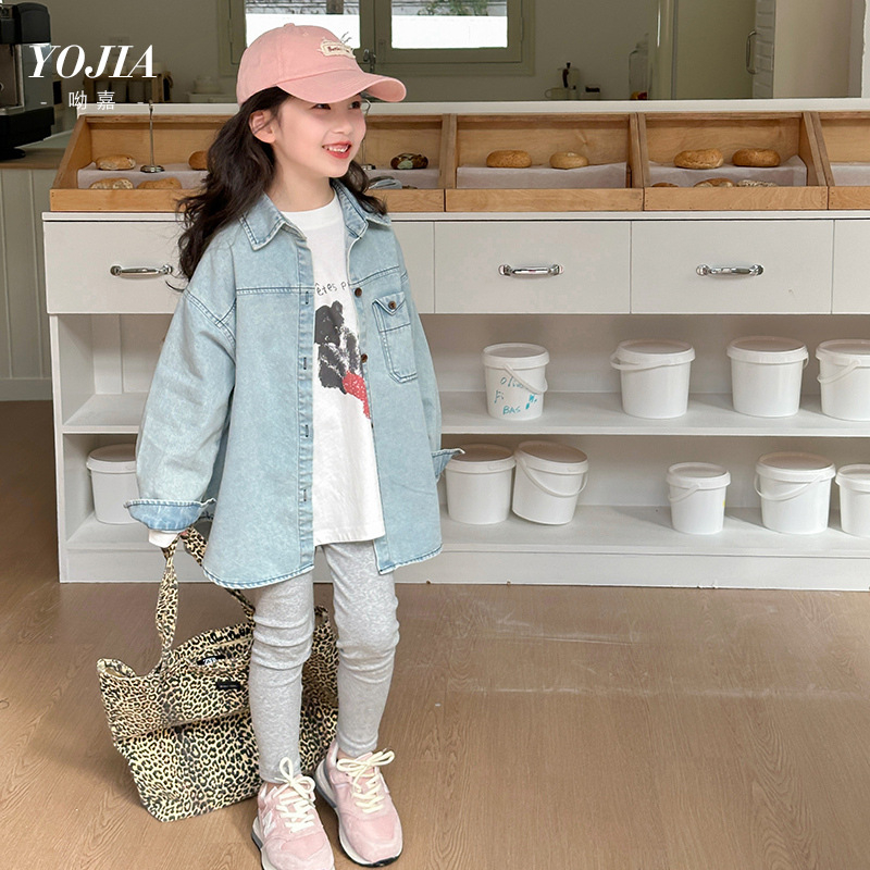 Dječja denim košulja za djevojčice, korejskog stila, dugi rukavi, okrugli izrez, mekani materijal od pamukasto-poliester smjese, proljeće 2025