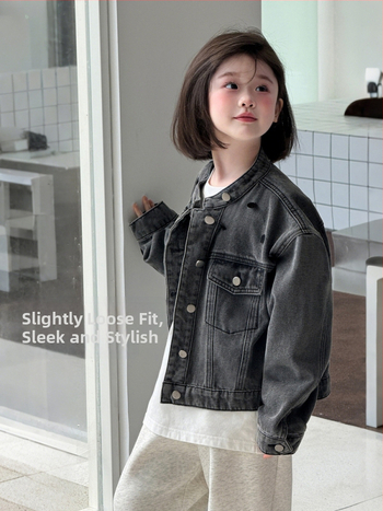 Mergaitėms džinsinė striukė su karoliukais, medvilnė, užtrauktukas, švelni apdaila, Korėjos stilius, ruduo, 3–8 metų vaikams