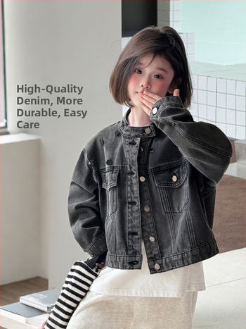 Mergaitėms džinsinė striukė su karoliukais, medvilnė, užtrauktukas, švelni apdaila, Korėjos stilius, ruduo, 3–8 metų vaikams