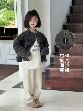 Mergaitėms džinsinė striukė su karoliukais, medvilnė, užtrauktukas, švelni apdaila, Korėjos stilius, ruduo, 3–8 metų vaikams