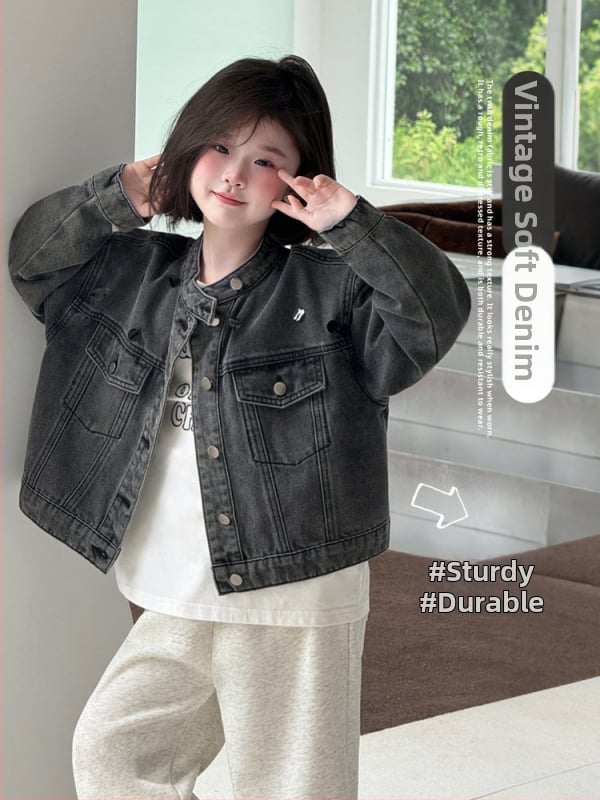 Mergaitėms džinsinė striukė su karoliukais, medvilnė, užtrauktukas, švelni apdaila, Korėjos stilius, ruduo, 3–8 metų vaikams