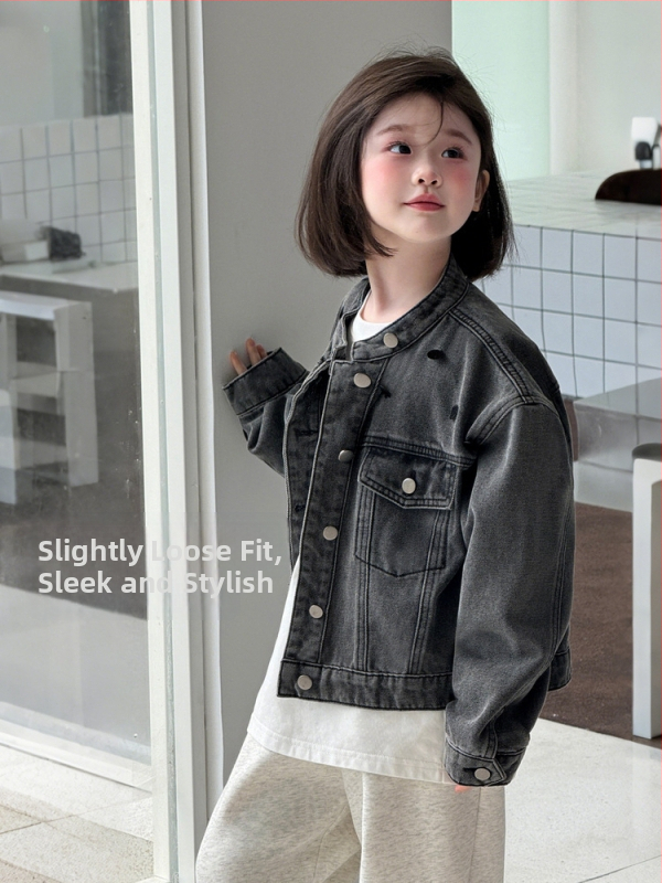 Mergaitėms džinsinė striukė su karoliukais, medvilnė, užtrauktukas, švelni apdaila, Korėjos stilius, ruduo, 3–8 metų vaikams