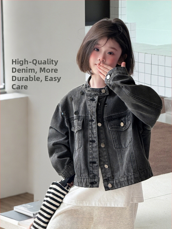 Mergaitėms džinsinė striukė su karoliukais, medvilnė, užtrauktukas, švelni apdaila, Korėjos stilius, ruduo, 3–8 metų vaikams