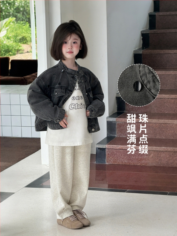 Mergaitėms džinsinė striukė su karoliukais, medvilnė, užtrauktukas, švelni apdaila, Korėjos stilius, ruduo, 3–8 metų vaikams