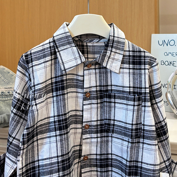 Детска памучна риза 100% памук, casual стил, стойка яка, дълги ръкави, каре