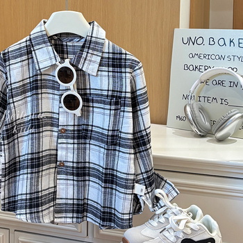 Детска памучна риза 100% памук, casual стил, стойка яка, дълги ръкави, каре