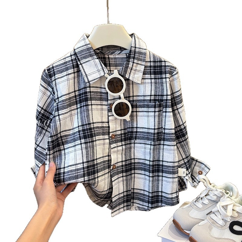 Детска памучна риза 100% памук, casual стил, стойка яка, дълги ръкави, каре