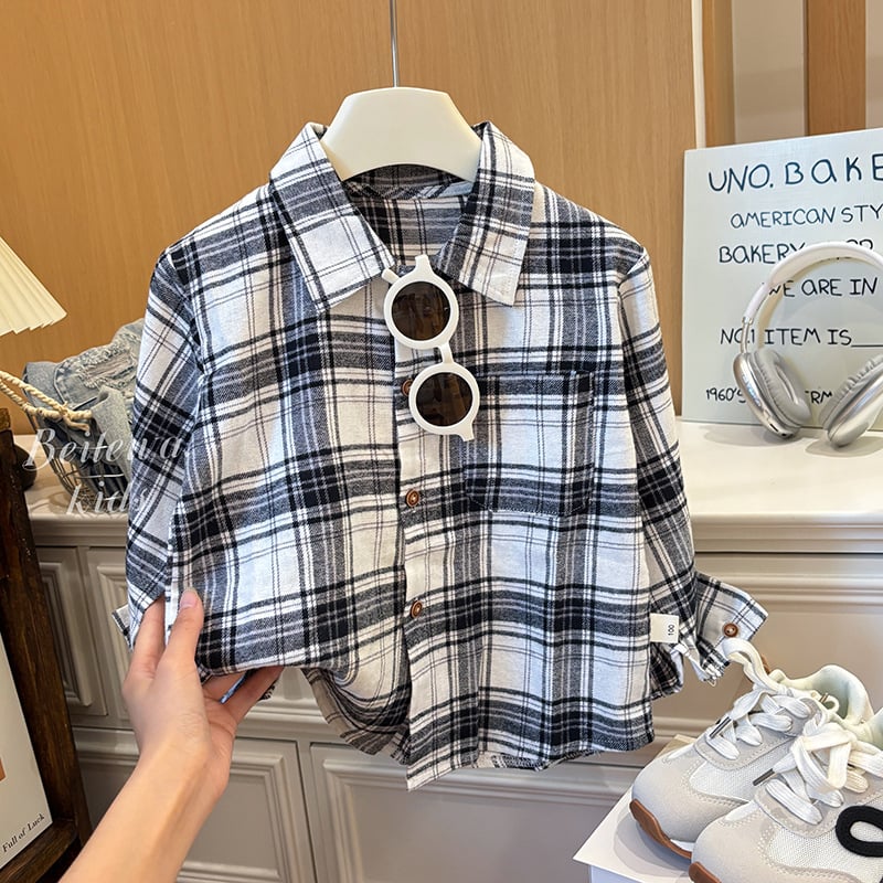 Детска памучна риза 100% памук, casual стил, стойка яка, дълги ръкави, каре