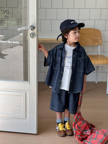 Dječji denim dvodijelni komplet, ljetni korejski stil, košulja s kratkim rukavima i šorc, 85% pamuk, mekana tkanina, unisex