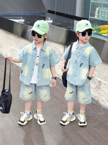Set din denim pentru copii, două piese, cămașă cu mânecă scurtă și pantaloni capri, vară, stil lejer, bumbac 71-80%