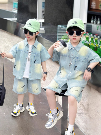 Set din denim pentru copii, două piese, cămașă cu mânecă scurtă și pantaloni capri, vară, stil lejer, bumbac 71-80%