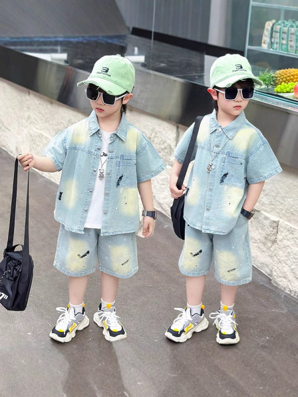 Set din denim pentru copii, două piese, cămașă cu mânecă scurtă și pantaloni capri, vară, stil lejer, bumbac 71-80%