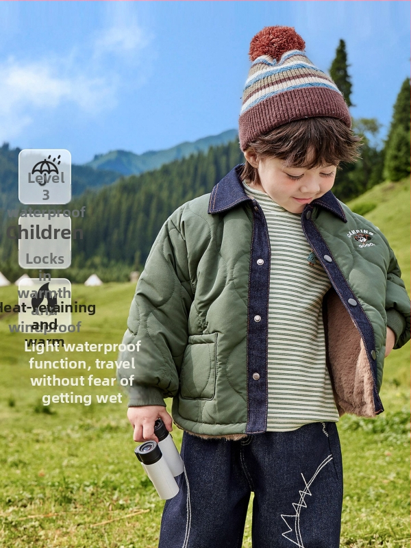 Zēnu biezs poliestera mētelis ar džinsa panelēm, reveru apkakle, slēgšana ar slēptām pogām, ziemas ārējais apģērbs bērniem 3–8 gadi.