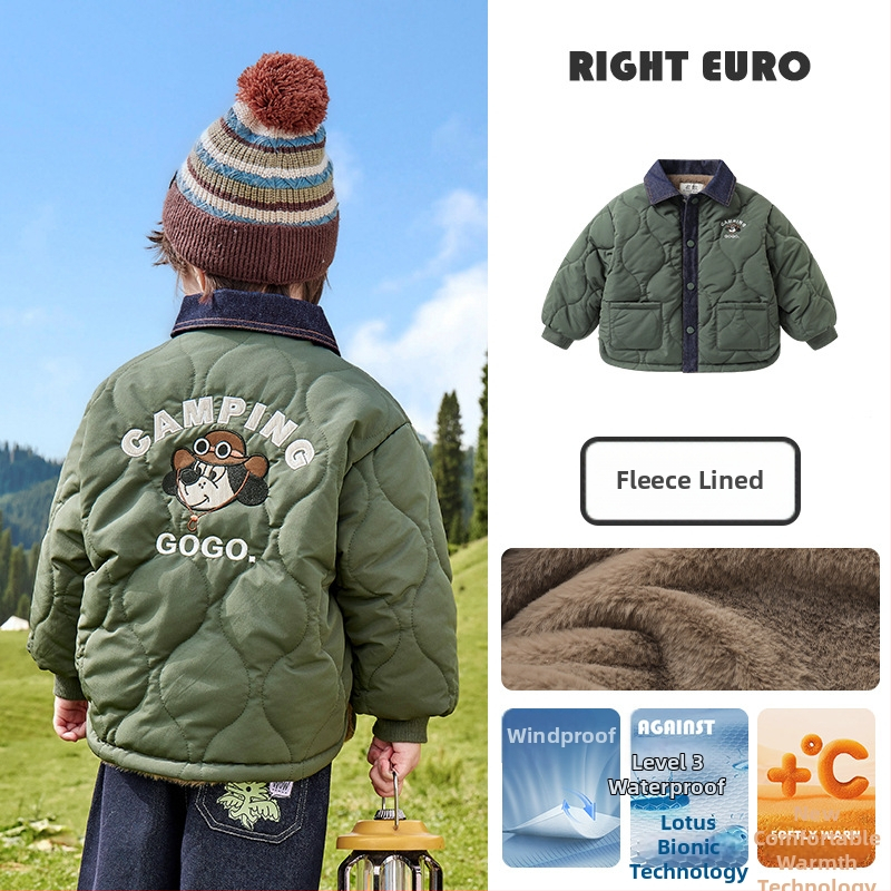 Poistele mõeldud paks polüester mantel džin-paneelidega, krae rever, kinnitamine varjatud nuppudega, talvine välisriietus lastele 3–8 aastat.