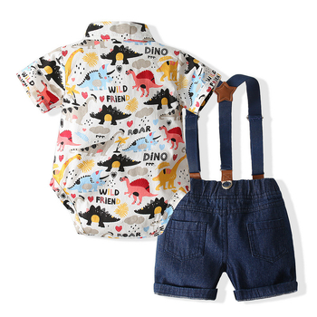 Muški dječji set: košulja s dinosaura i denim šorcima s naramenicama – dvodjelni set, pamuk, kratki rukav, za djecu 3–8 godina