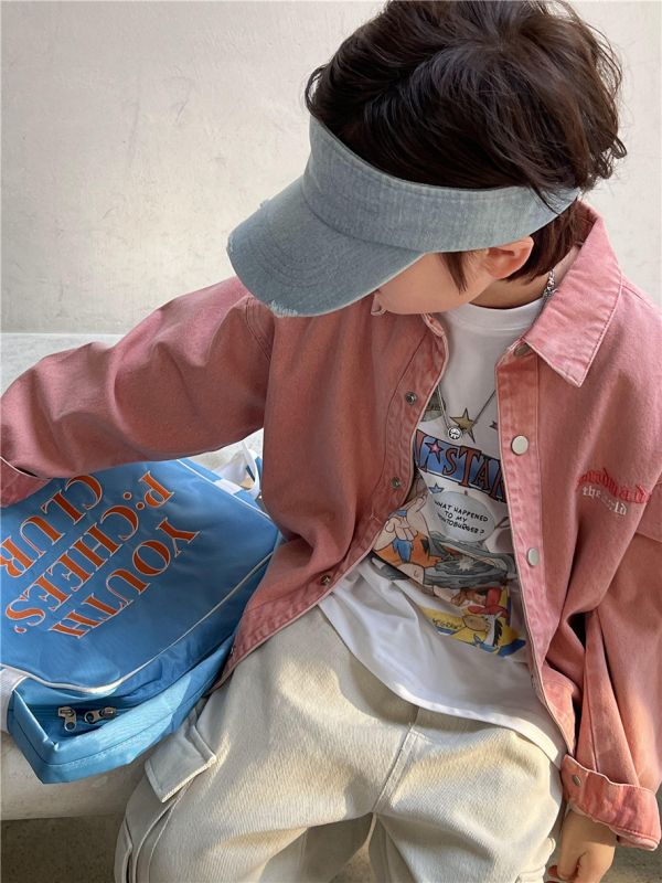 Vaikų džinsinis švarkas Korejos stiliumi su siuvinėjimu, 95% medvilnės džinsas, vienos eilės užsegimas, be gobtuvo, pavasaris 2024, 3–8 metų vaikams