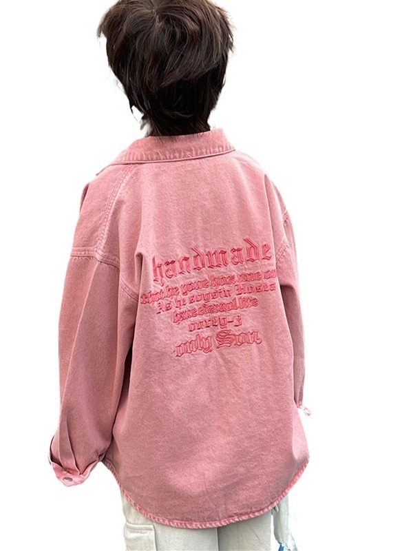 Vaikų džinsinis švarkas Korejos stiliumi su siuvinėjimu, 95% medvilnės džinsas, vienos eilės užsegimas, be gobtuvo, pavasaris 2024, 3–8 metų vaikams