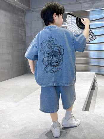 Muški denim košulja i šorc set – 2-dijelni, kratkim rukavima, 70% pamuk, uzorak životinja, ljeto 2025