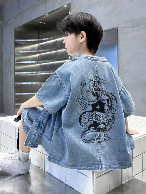 Muški denim košulja i šorc set – 2-dijelni, kratkim rukavima, 70% pamuk, uzorak životinja, ljeto 2025