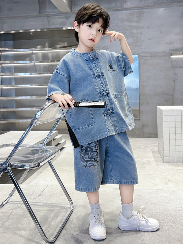 Muški denim košulja i šorc set – 2-dijelni, kratkim rukavima, 70% pamuk, uzorak životinja, ljeto 2025