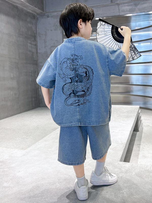 Muški denim košulja i šorc set – 2-dijelni, kratkim rukavima, 70% pamuk, uzorak životinja, ljeto 2025